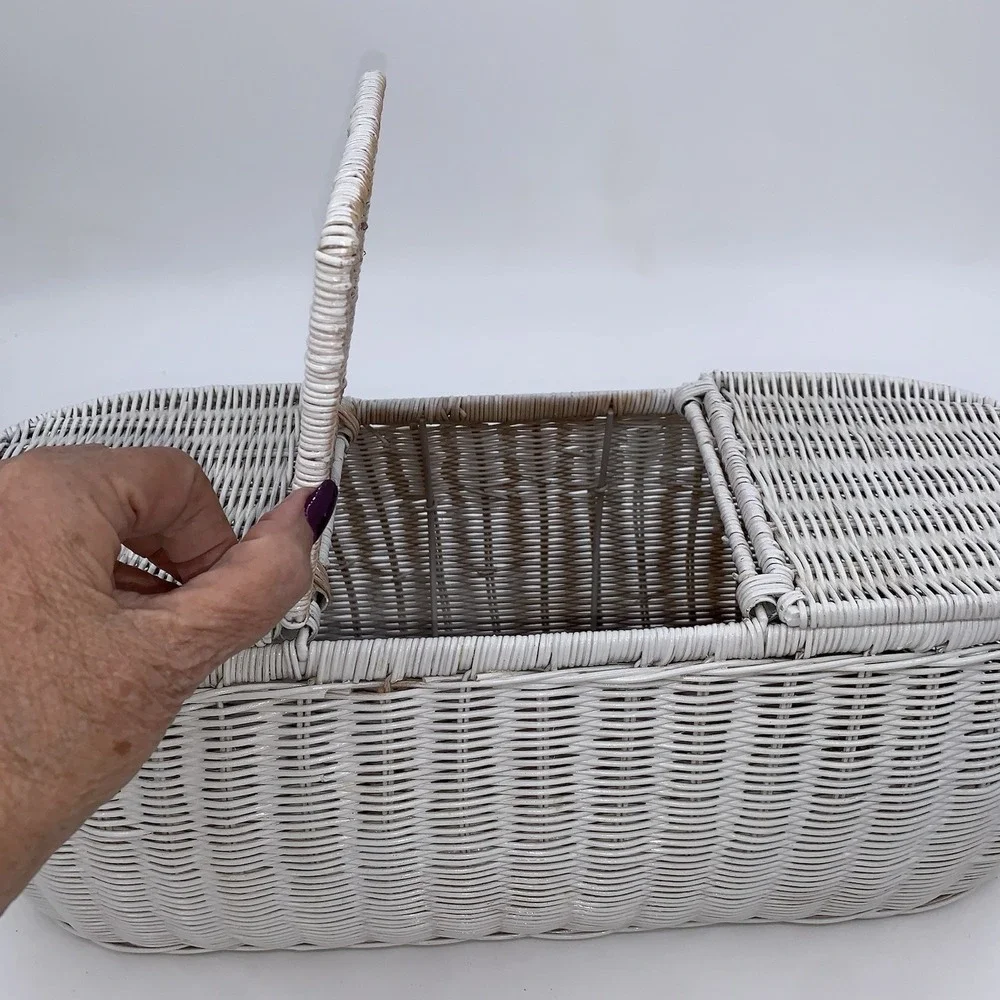 Vintage Handwoven Rattan Wicker 3 Part Tissue Basket White Storage Multipurpose